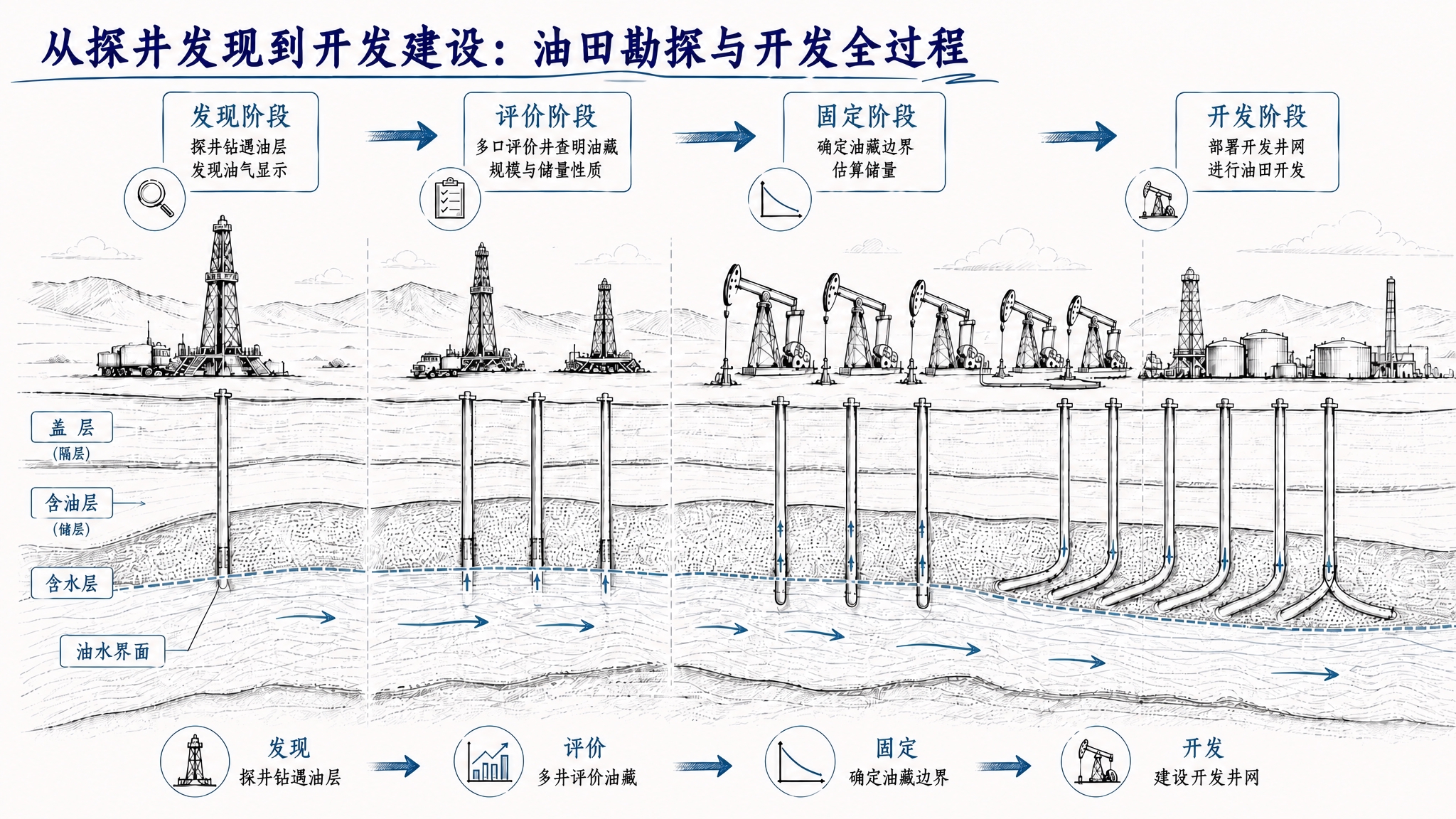 将图片顶部的标题文字"从探井发现到开发建设：油田勘探与开发全过… - 图片创意预览