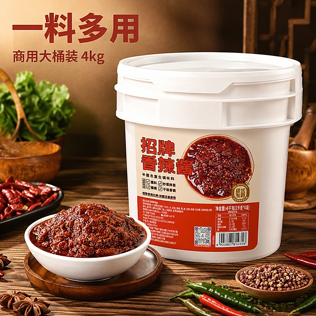 [主图-1] 招牌香辣酱产品首图，突出食欲感和产品卖点
[氛围风格] 专业品质的美食摄影风格，浓郁有食欲
[画质] 商业摄影质感、光线柔和通透、产品清晰真实、画面干净高级
[元素] 4kg大桶香辣酱居中展示，旁边放一碗盛出的香辣酱，红亮油润的酱料质感诱人，周围点缀新鲜辣椒和花椒作为搭配，木质餐桌背景营造温馨烹饪氛围。保持香辣酱产品外观、物理结构、材质质感、颜色与输入产品图绝对一致，杜绝任何变形和色差，精细化处理。商品主体占比严格控制在70%左右，画面满屏无边框，不使用logo
[光影] 自然暖光从侧上方照射，突出酱料油亮通透的质感，高光不溢，暗部有层次，营造浓郁食欲感
[配色] 主色调为木质暖棕和酱料红棕，辅助色为辣椒鲜绿鲜红，整体温暖有食欲
[视角构图] 平视45度斜侧视角，景深适中，产品完整不裁切，前景中景背景层次分明
[文字版式] 左上负空间左对齐留安全边距，大字文案为"一料多用"，红棕色最大号粗体无衬线；辅助文案为"商用大桶装 4kg"，字号缩小一半，同色系浅色调，文字不遮挡产品主体
[输出要求] 1:1比例，文字清晰可辨，超高清商业摄影质感
[负向提示词] 变形，文字错乱，产品图模糊，背景杂乱，水印，电商平台Logo，旗舰店字样，违禁词极限用语，logo