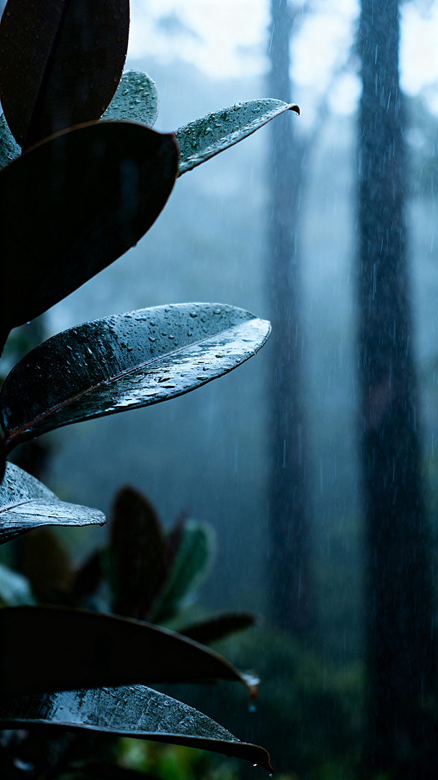雨林深处，叶尖凝露，水墨氤氲，光影交织，静谧朦胧中透出自然诗意。