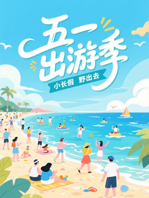 扁平插画风格，海边，丰富的画面细节，游玩的人。用潮流的花体字设计大标题“五一出游季”，副标题“小长假 野出去“预览效果
