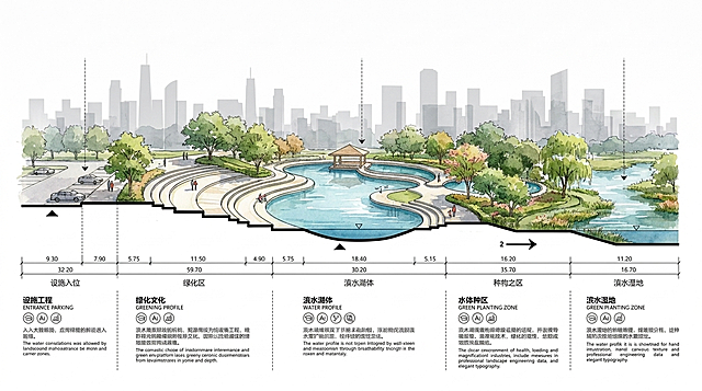环设竞赛拼贴风格的滨水社区公园剖面分析图，比例16:9，8K超高清，注重细节。背景为纯白色(#FFFFFF)，干净专业画布感。横向展开完整景观剖面图，展示从场地入口到滨水湿地的完整剖面，包含入口停车区、阶梯台地区、中心滨水湖区、绿化种植区，用加粗黑线强调不同层级的高差，下方有横向尺寸标注线标注各功能区宽度与高差数据，包含设施剖面、绿化剖面、水体剖面。远景背景是带透明度的灰色城市剪影天际线，上方留白预留标题和英文标注区域。剖面图下方工程画法标注尺寸，分区文字说明框，细竖虚线分隔，每个区域包含标题、学术风分析图标、中英文描述。拼贴风格：写实水彩手绘+纪实调研摄影，和提供的平面图水彩风格统一，部分素材带透明度重叠突出层次，图文配套，细线几何元素组织信息，图例符号简化。信息层次：一级为拼贴风格景观剖面图，水彩手绘和参考平面图同风格为视觉焦点，二级为清晰可读的文字说明、数据标注、图例，用虚线箭头编号建立从入口到滨水的阅读路径。艺术风格：现代艺术拼贴，融合科学水彩插画与当代设计，和参考图手绘水彩质感色彩统一，非对称平衡动态视觉流，大量留白有呼吸感，高精度细节可放大，专业准确景观工程信息标注，优雅排版和谐色彩。还原参考图弧形阶梯叠水、中心S形滨水、植物组团的场地特征。