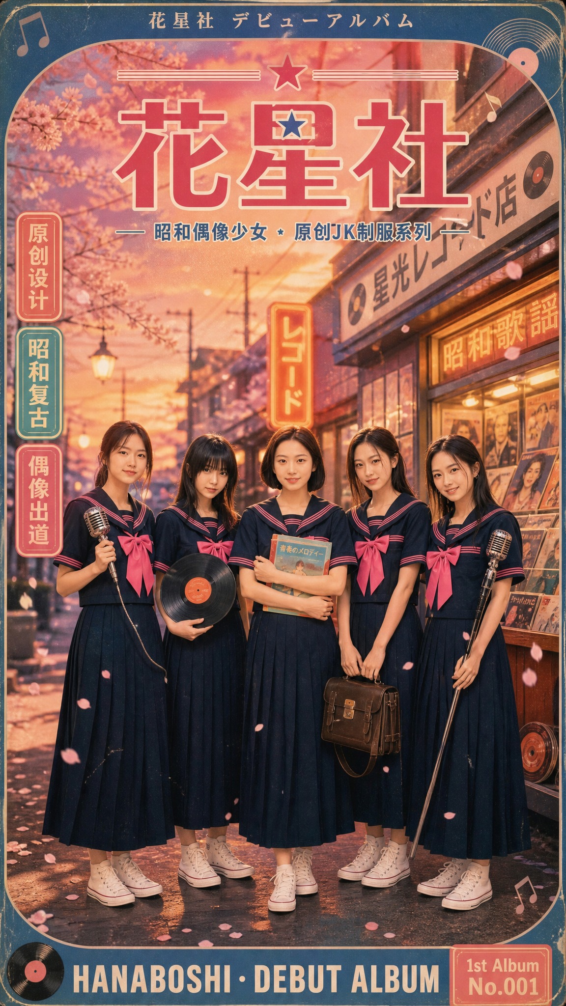 基于图中5位身穿藏青色水手服JK制服的少女，重新设计为日本昭和… - 图片创意预览
