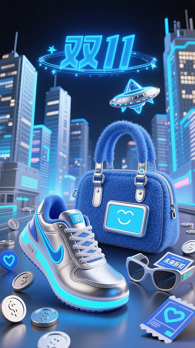 蓝银系鞋、包等，搭配都市夜景