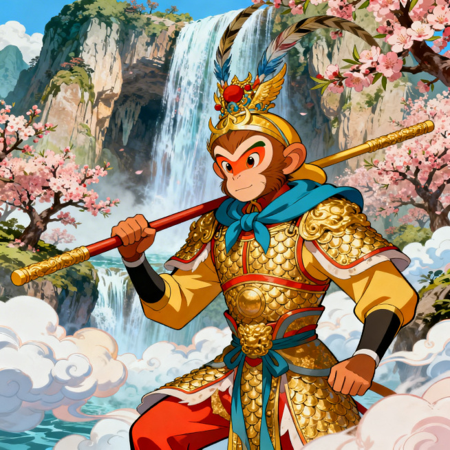 经典动漫风格，孙悟空身穿锁子黄金甲，头戴凤翅紫金冠，手持金箍棒，站在花果山水帘洞前，周围是满山桃树和云海，色彩鲜艳明快，西游记动漫风格预览效果