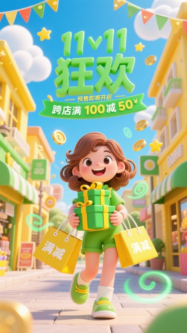 以卡通风格商业街为背景，两侧是黄色建筑和绿色店铺招牌，空中悬挂彩旗和星星装饰。中央是一位棕色卷发的卡通女孩，穿着绿色连体衣，面带笑容，双手抱着多个绿色礼盒（系黄色丝带），礼盒上还叠放着小礼盒，左右各拎预览效果