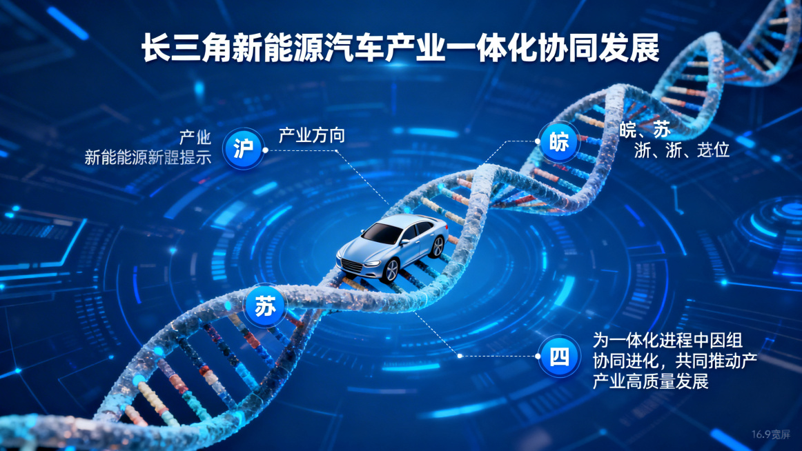 DNA双螺旋设计，两条链相互缠绕，一条主链标注产业方向，四个节点分别对应沪皖苏浙四地，每个节点标注对应产业定位，双螺旋中心嵌入新能源汽车，象征四地在一体化进程中基因重组协同进化，共同推动产业高质量发展预览效果