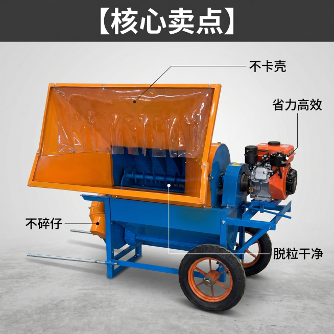 [主图 2] 多功能油菜脱粒机核心功能亮点解析。
[氛围风格] 清晰专业，突出产品性能优势，符合电商展示逻辑
[画质] 商业摄影质感，产品清晰真实，细节丰富，画面干净高级
[元素] 多功能油菜脱粒机主预览效果