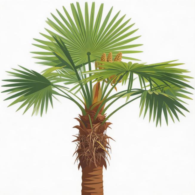 严格参考实拍图，棕榈树的正确结构是：仅残留老叶基部的棕皮覆盖树干中上部，整体保留自然的棕褐色棕皮纹理，树干从基部到顶部逐渐变细，不要光滑裸露树干，包含掌状叶片和棕榈花苞，简约矢量风格，白色背景预览效果