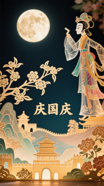 下方是天坛、山水、长城、花卉等元素，上面月亮悬浮于夜空，构图新颖，大胆夸张，飘逸，前景有桂花树枝。
在合适的构图位置写上“庆国庆”预览效果