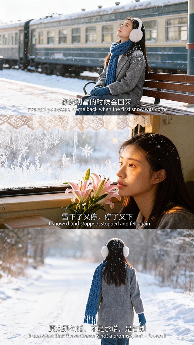 生成三宫格艺术感写真图，横向三宫格，场景为冬日车站。画面中人物和参考图一致，身着灰色毛呢外套、搭配蓝色针织围巾与手套、佩戴白色毛绒耳罩的人物。最上面一张是近景，冬日车站场景，人物坐在长椅上望向天空，头发上落雪，背景是老式火车，添加中英字幕“你说初雪的时候会回来 You said you would come back when the first snow was come”；中间一张为人物面部特写，凸显面部暖光光影，人物正靠近结满霜花的车窗，身旁摆放着粉色百合花束，车窗上方悬挂着蕾丝窗帘，添加中英字幕“雪下了又停，停了又下 It sonwed and stopped, stopped and fell again”；下面一张远景，走在积雪道路上的背影，服装与第一张图一致同样头发上落雪，添加中英字幕“原来那句话，不是承诺，是告别 It turns out that the sentence is not a promise, but a farewell”。整体暖光光线，采用柯达胶片效果，三张图合成一个三宫格，字幕位于底部