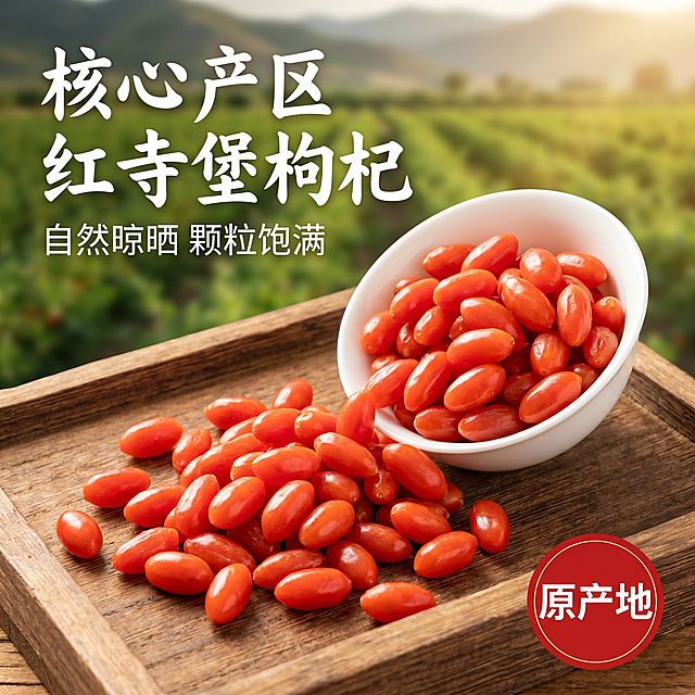 [主图-1] 红寺堡核心产区枸杞首图。[氛围风格] 自然新鲜产地氛围，凸显品质；[画质] 商业摄影质感，光线柔和通透，产品清晰真实，画面干净高级。[元素] 饱满红润的枸杞果实平铺在古朴木质托盘上，部分枸杞盛放在白瓷小碗中，颗粒分明油亮诱人；背景虚化融入宁夏红寺堡枸杞种植园绿意朦胧远景，远处隐约可见连绵山丘。商品主体占比严格控制在70%左右，画面满屏无边框。保持枸杞外观和颜色与真实产品一致，杜绝任何变形和色差，精细化处理。[光影] 自然暖阳逆光从枸杞后方照射，光线穿透枸杞果肉显现通透感，红色果实轮廓带柔和金边光泽，整体光影温暖通透，层次丰富不杂乱。[配色] 主色调为枸杞本身的自然红润红色，辅助色为原木浅棕色、田园绿色，色彩清新自然。[视角构图] 平视俯视结合，产品放置画面中央，景深中等，背景虚化突出主体。[文字版式] 左上负空间左对齐留安全边距，大字主文案："核心产区 红寺堡枸杞"，厚重书法字体，米白色粗体，醒目清晰；下方小字辅助文案："自然晾晒 颗粒饱满"，浅米色小一号字号，清爽黑体。右下角搭配红色圆形印章式文字："原产地"，米白色字体。文字不遮挡主体，清晰可读。[比例分辨率] 1:1比例，2k分辨率，文字清晰可辨，超高清。[负向提示词] 变形，水印，文字错乱，产品图模糊，背景杂乱。