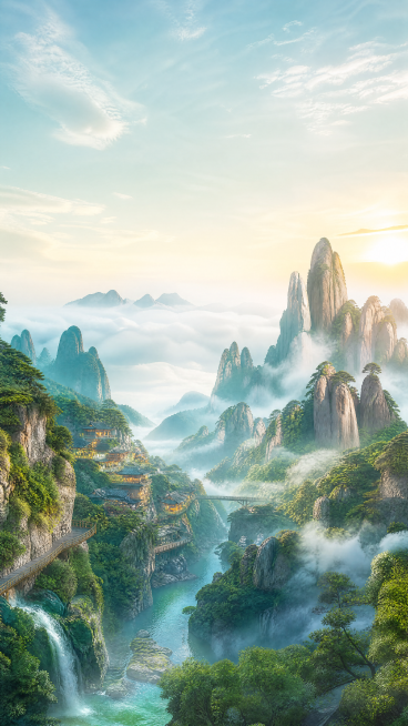 江西旅游海报背景图，融合望仙谷峡谷仙境和三清山奇峰云海景观，大气秀丽的山水自然风光，色彩清新治愈，适合做旅游宣传海报背景，构图开阔，留有文字排版空间，高清预览效果