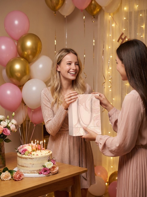 运用图中礼物盒 生成一张生日场景送礼物（闺蜜 外国女生）预览效果