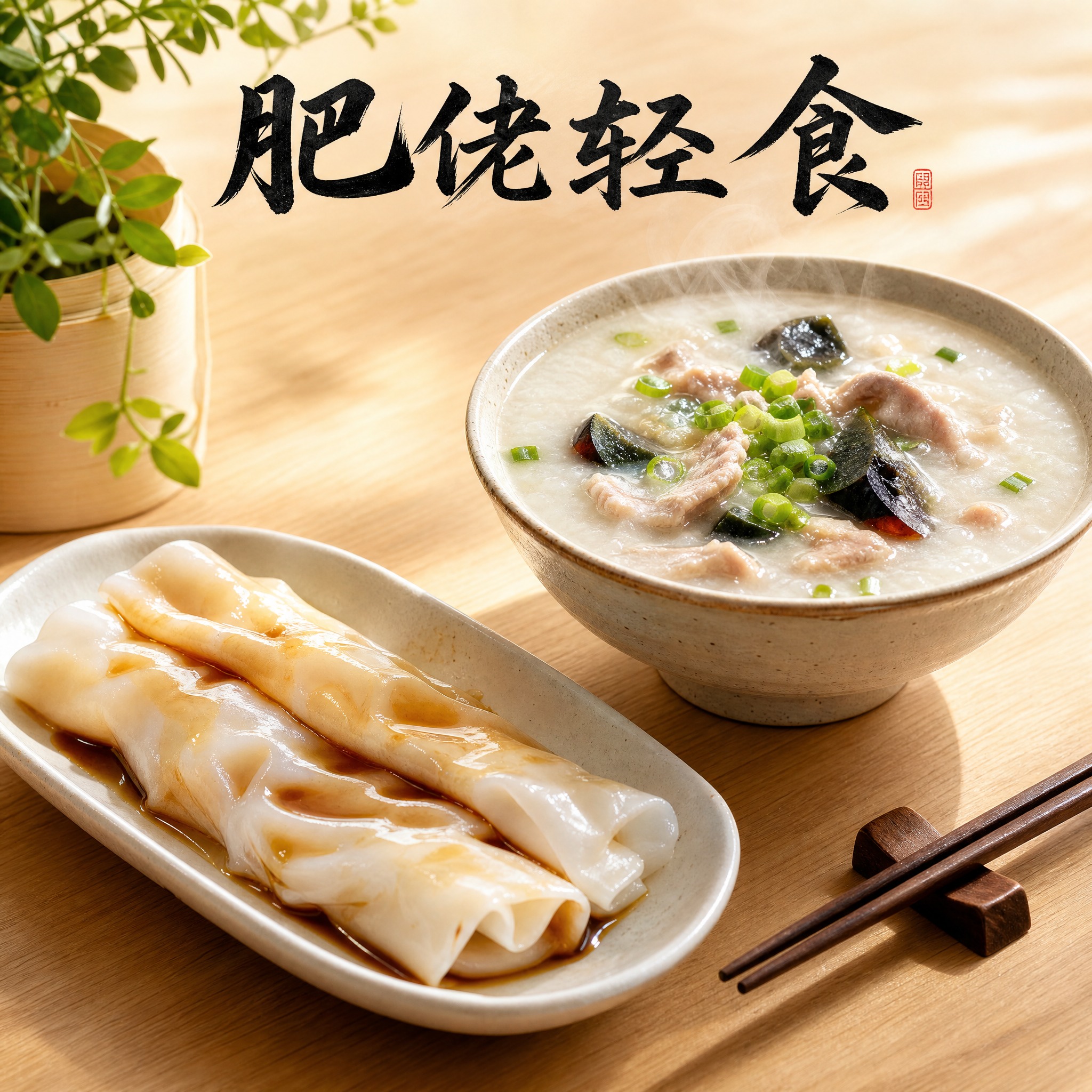 写实摄影风格的早餐轻食店头像，画面中央是一碗热气腾腾的皮蛋瘦肉… - 图片创意预览