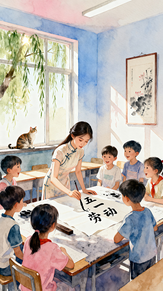 水彩画风格海报，辅导班室内灯光明亮环境优美，墙上挂着国画，22岁左右年轻女老师身穿旗袍在宣纸上写毛笔字"五一劳动"，孩子们欢声笑语围在旁边观看，窗外柳树成荫阳光明媚，一只小猫趴在窗外晒太阳，整体色调清新温馨