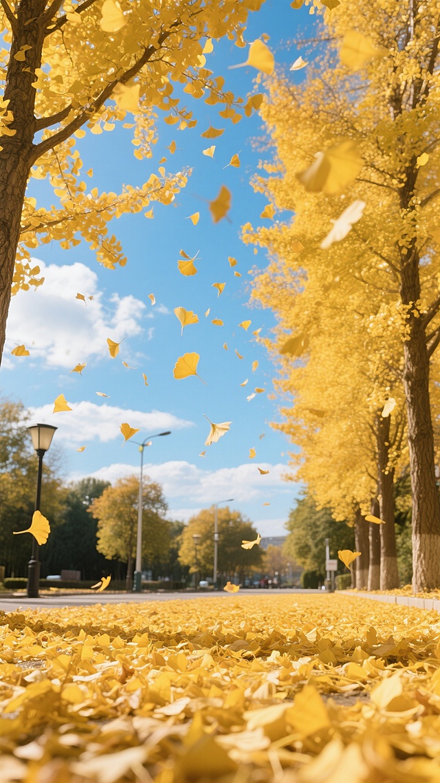 写实风格摄影，金色的银杏叶从高大的银杏树枝桠间纷纷扬扬飘落，铺满地面，天空湛蓝，飘着几朵白云，阳光明媚，光线充足，营造出温暖、浪漫、充满秋意的氛围，地面上厚厚的一层金黄银杏叶，远处有路灯和其他树木，整体色调以金黄色和蓝色为主，色彩鲜明和谐，光影效果自然，构图饱满，展现出秋日落叶的动态美感。