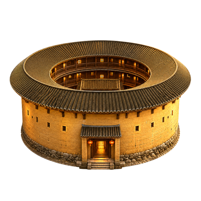 单个客家土楼建筑元素，3D渲染风格，金色暖色调，流畅曲线，透明背景，PNG格式，细节精美预览效果