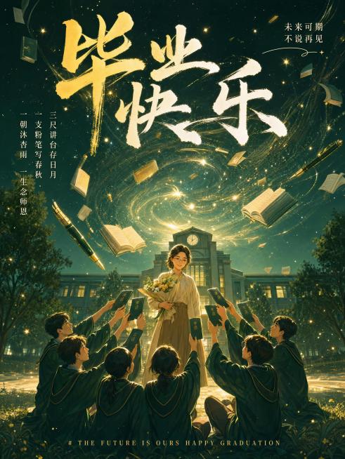 竖版3:4毕业季海报，奇幻插画风格，主色调墨绿+浅黄，8K质感，奇幻教育风，师恩主题寓意深刻，内容和第一张完全不同。主体画面：老师站在教学楼前，一群学生围成圈捧着毕业证书，背景是由书本和钢笔化作的漫天预览效果