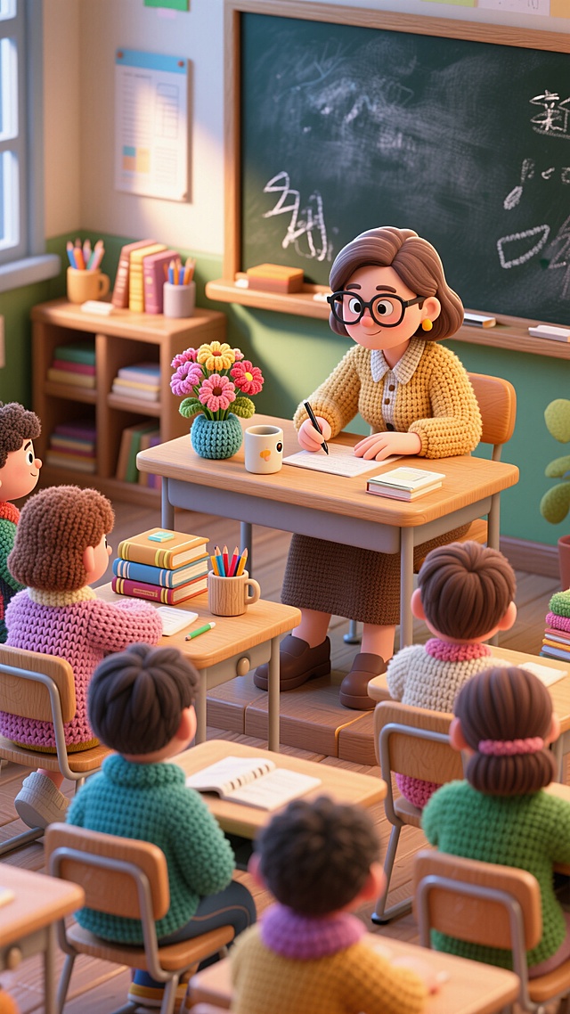 温馨的教室里，软3D风插画展现可爱卡通感，老师与学生互动，充满教育的温情。