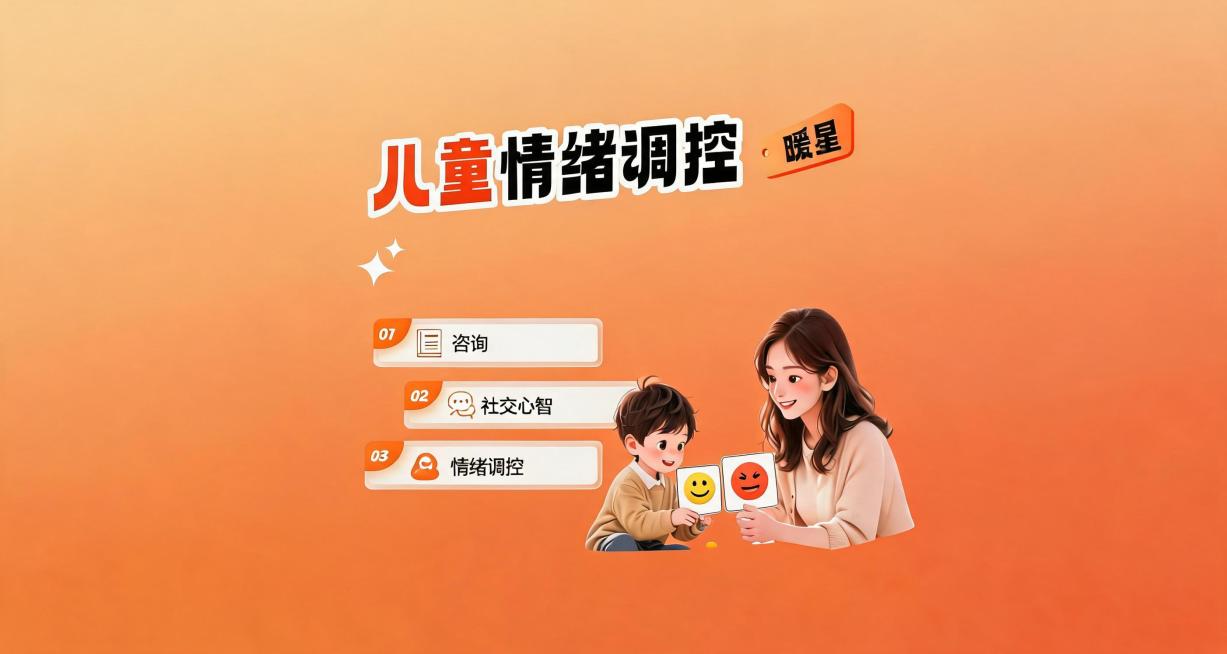保持整体布局和配色风格不变，保留右上角"暖星"文字，修改标题为"儿童情绪调控"，列表1改为"咨询"，列表2改为"社交心智"，列表3改为"情绪调控"，更换右侧人物互动场景为家长引导孩子练习情绪调控的可商预览效果