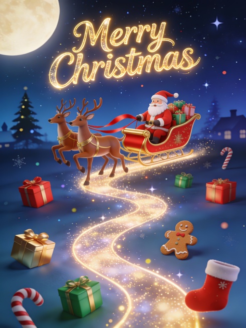 画面主体是梦幻圣诞夜3D主题创意海报。画面元素充满童话氛围与节日活力，背景为深蓝色渐变的圣诞夜空，点缀星星与光斑；中央是圣诞老人乘坐红金配色的雪橇，由棕色驯鹿牵引，雪橇上满载礼物，驯鹿牵引的红丝带在空预览效果