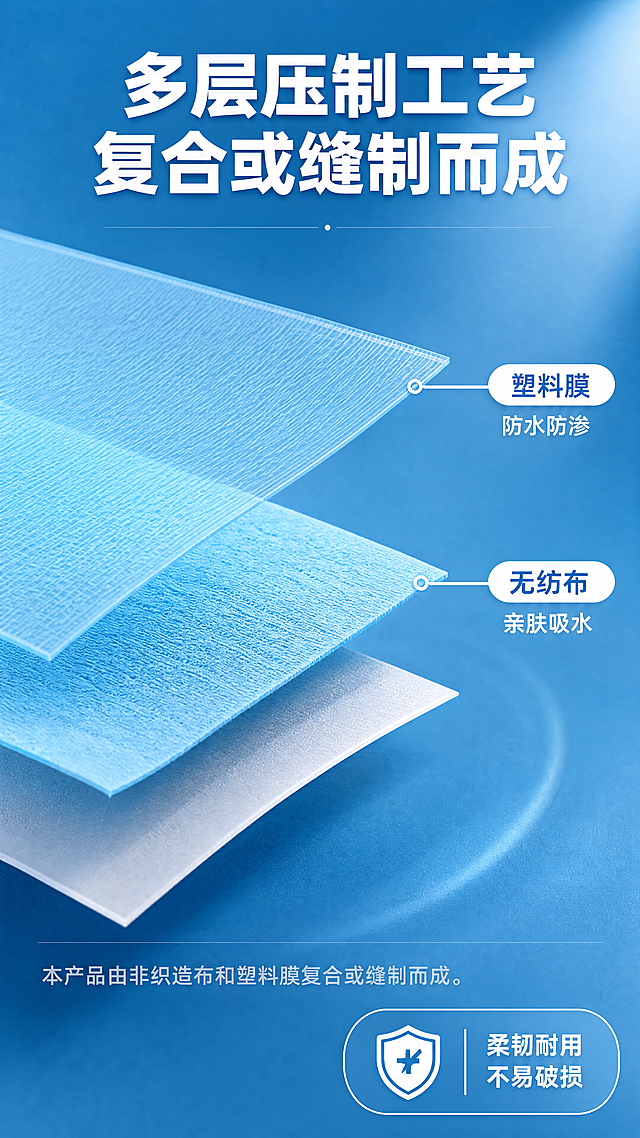 [商品] 使用【图3】多层压制工艺示意图；保留塑料膜层、无纺布层的分层结构、蓝色调、复合缝制工艺示意；修复层次清晰度，增强各层材质质感，不改变结构和颜色。
[画面] 目标：工艺说明页，展示多层压制复合工艺，强调柔韧耐用。构图：斜向分层结构占据画面中部，上下文字区。景别：中景。阅读动线：从上到下。前中后景：前景分层结构、中景蓝色渐变背景、后景柔和光晕。
[视觉] 套系策略：风格=医疗清洁感商业摄影风；标题字=粗黑体；正文字=常规黑体；主色=医疗蓝；背景延展=基于医疗蓝做深浅渐变、同色系层次和细腻磨砂质感；强调色=白色，仅用于小面积图标、引线和标签；标题色=白色（深底上）；正文色=浅灰色；组件=白色引线、圆形标注点、圆角标签；光影=侧光突出层次立体感。
[文字] 顶部主标题「多层压制工艺」，副标题「复合或缝制而成」。右侧引线分别标注：塑料膜=防水防渗、无纺布=亲肤吸水。底部说明文字「本产品由非织造布和塑料膜复合或缝制而成」。右下角配「柔韧耐用 不易破损」图标标签。文字全部横向排版。
[规格] 图片比例9:16竖版，4K分辨率，负向提示：避免变形、错字、文字过小、颜色偏差、结构失真、医疗功效承诺、极限词。