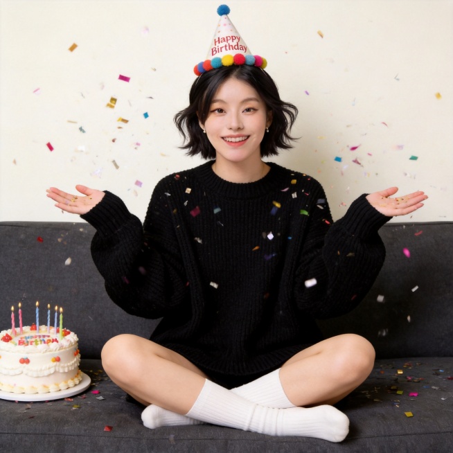 生成居家生日氛围感写真，仅保留参考图1人物脸型、五官、年龄等特征，忽略参考图原有发型配饰，电影质感，高通透氛围感，复古暖调，温暖柔和自然光；清透自然皮肤，真实纹理，自然短发，慵懒翘翘头；盘腿坐沙发，双预览效果