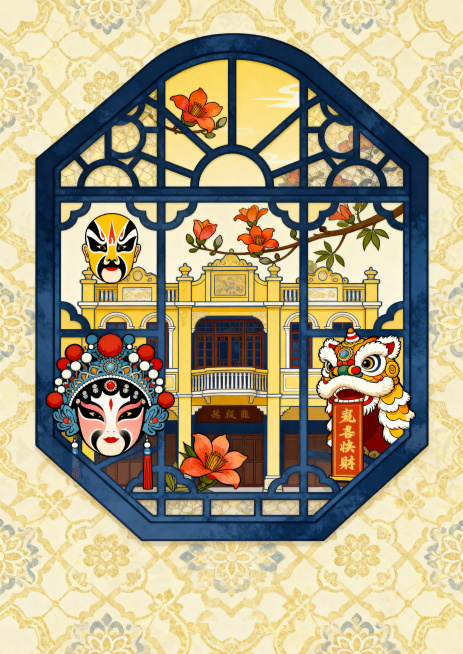 插画作品，整体底纹图案以满洲窗为主，融入岭南骑楼建筑元素到满洲窗中，添加岭南文化元素，画面布满满洲窗传统花纹，A3尺寸，风格细腻典雅，充满岭南地域特色预览效果