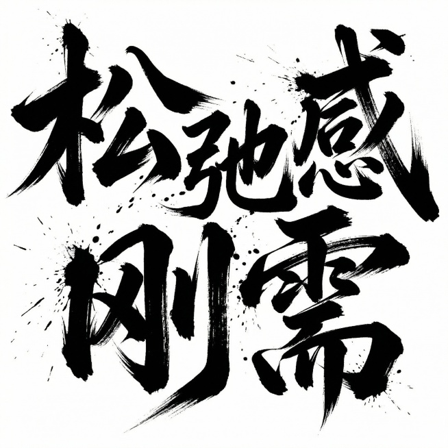 书法字“松弛感刚需”，字体狂野豪迈奔放，笔画飘逸国潮风格，视觉震撼富有动感张力，笔画巧妙延长设计变形，飞白，笔画增加水墨笔刷效果，笔触流畅潇洒，黑字白底预览效果