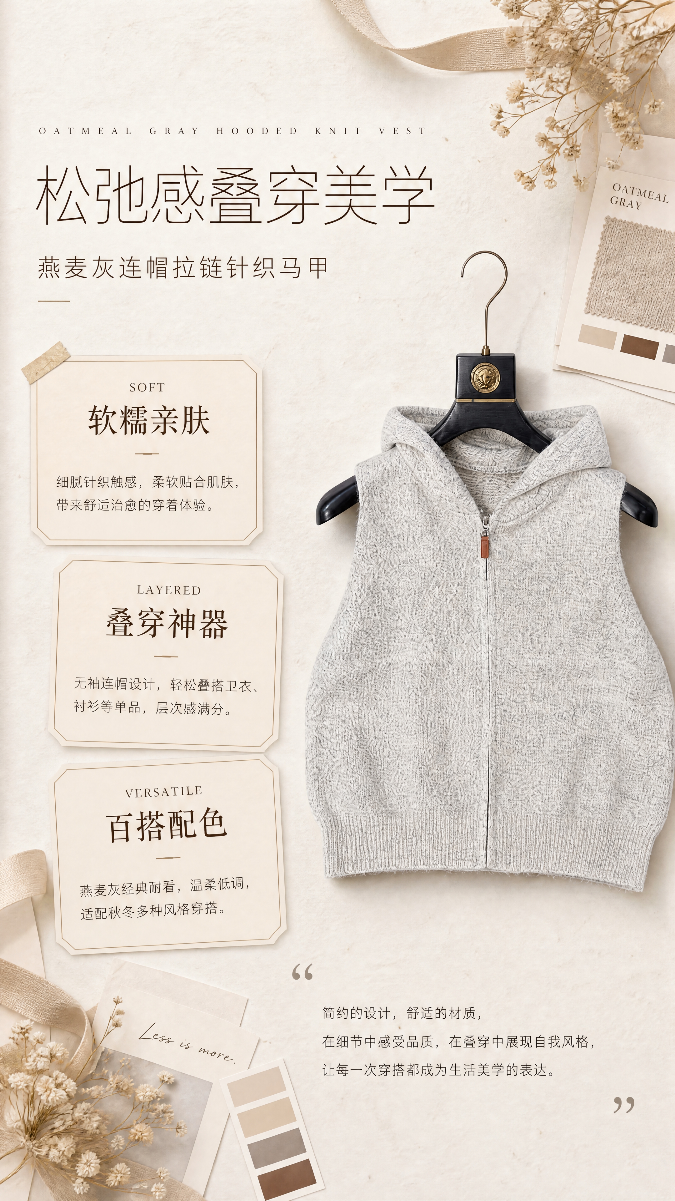 [第2张] 详情页设计理念页-燕麦灰连帽拉链针织马甲风格关键词… - 图片创意预览
