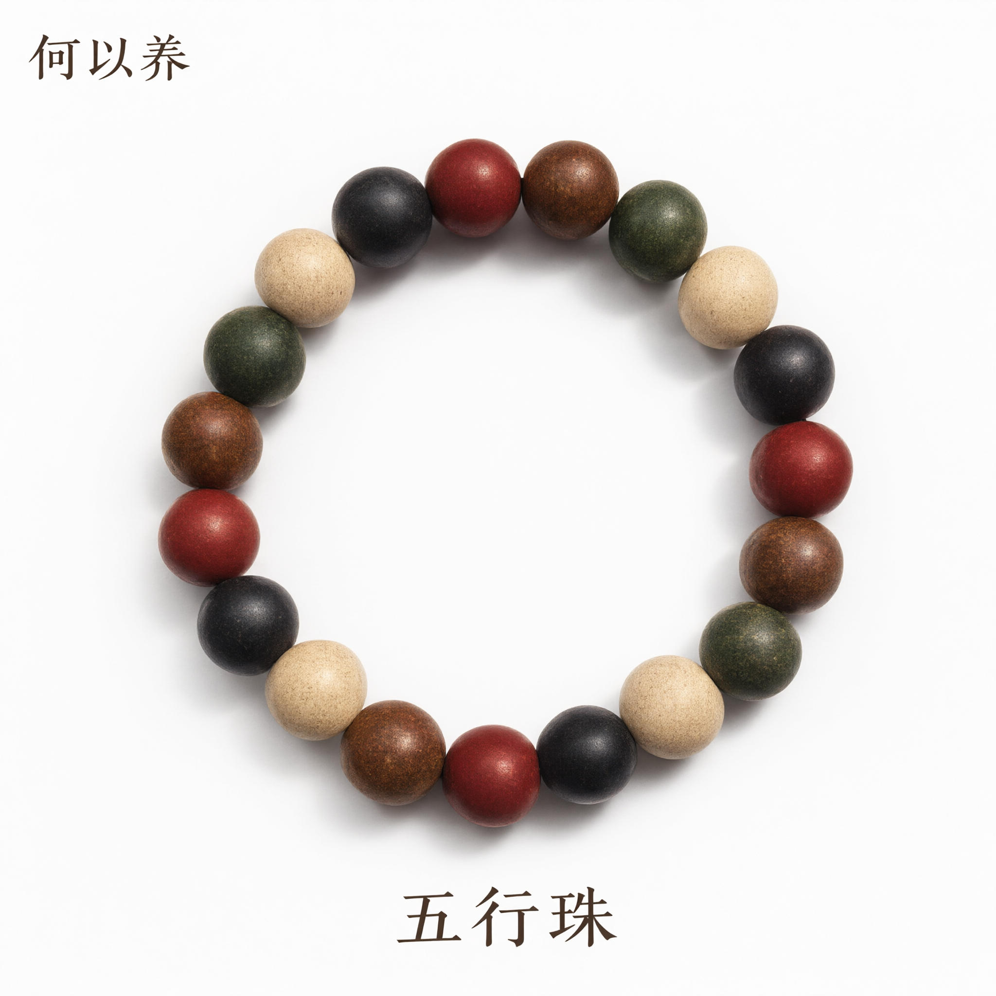 白底产品主图，清晰展示五行珠手串完整外观与五色珠细节。国风禅意… - 图片创意预览