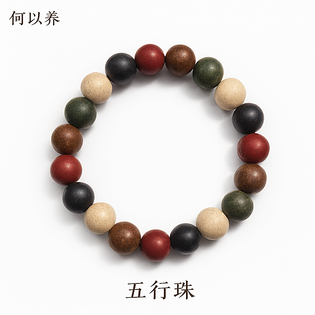 白底产品主图，清晰展示五行珠手串完整外观与五色珠细节。国风禅意高级质感，整体干净通透，突出天然香珠的温润质感。纯白背景，五行珠手串居中平放呈正圆形，占画面约65%。手串由五色圆珠串成：木绿、火红、土褐、金白、水黑五种颜色的香珠依次排列，珠子表面呈现天然药香材质的细腻颗粒质感，哑光温润不反光。每颗珠子圆润饱满，大小均匀，串绳隐藏不可见。手串下方有柔和自然的接触阴影，立体感强。左上角放置品牌标识「何以养」，字体为简约国风宋体，深褐色。商业摄影级柔光，主光从左上方45度打下，珠子表面有均匀柔和的高光带，阴影浅淡自然，整体光线均匀通透，无死黑区域，突出每颗珠子的色彩差异和天然材质纹理。纯白背景，珠子五色分明：墨绿、枣红、土黄褐、米白、炭黑，整体色调温润古朴。左上角品牌名「何以养」小号国风宋体深褐色，底部中央产品名「五行珠」稍大，字体为书法感宋体，深褐色，文字不遮挡主体。1:1正方形，2048px高清，产品清晰锐利，色彩准确，无变形，无水印，无平台logo，无多余杂物。