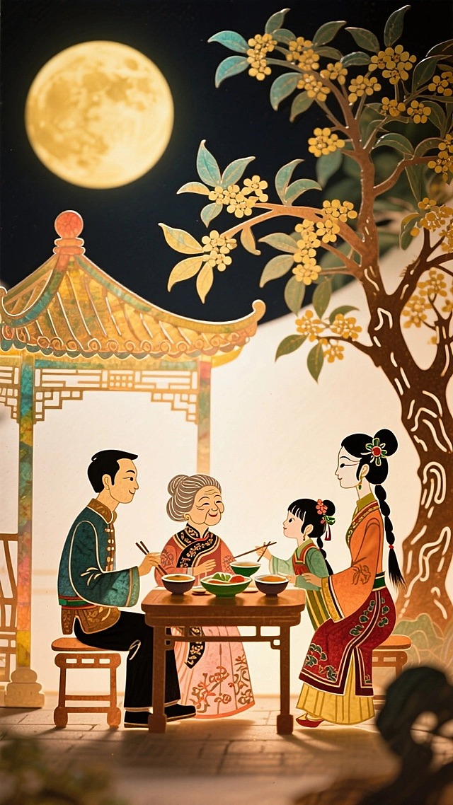 中秋节一家四口（奶奶、爸爸、妈妈、小女孩）聚在一起在凉亭下面吃饭的场景，旁边巨大的桂花树和一轮圆月，月夜氛围