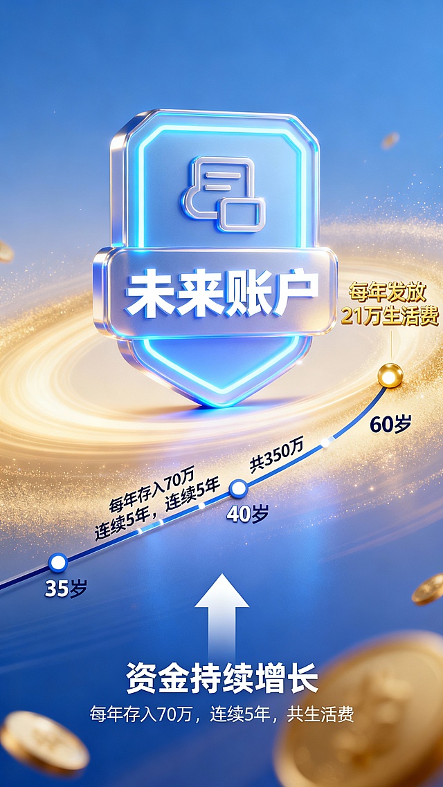 从35岁当年开始：
📌 每年放70万到一个‘未来账户’，连续放5年，总共350万。
📌 60岁起，这个账户每年自动给你发21万生活费。
神奇的是，钱不但没减少，还会悄悄长大。