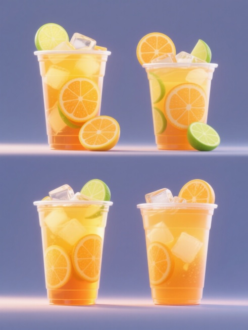 3D风格柠檬茶饮品，纯色背景，上下两行整齐排列四个不同造型不同样式的透明塑料杯装柠檬茶，杯内橙黄色茶液清澈透亮，漂浮着冰块、橙子片和青柠片，杯口点缀新鲜水果切片，光影表现立体感强，色彩明快鲜亮，整体呈现清爽夏日氛围。预览效果
