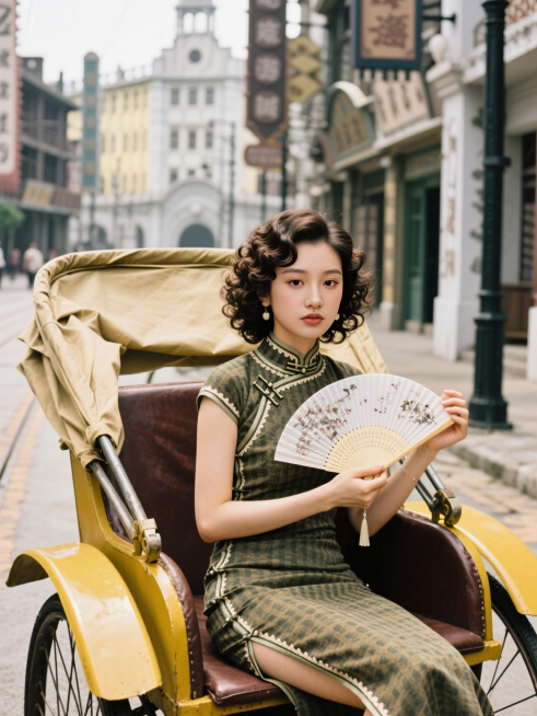 民国时期的女子，烫着卷发，身穿旗袍，手拿纸扇，在上海滩的街道上的黄包车上预览效果