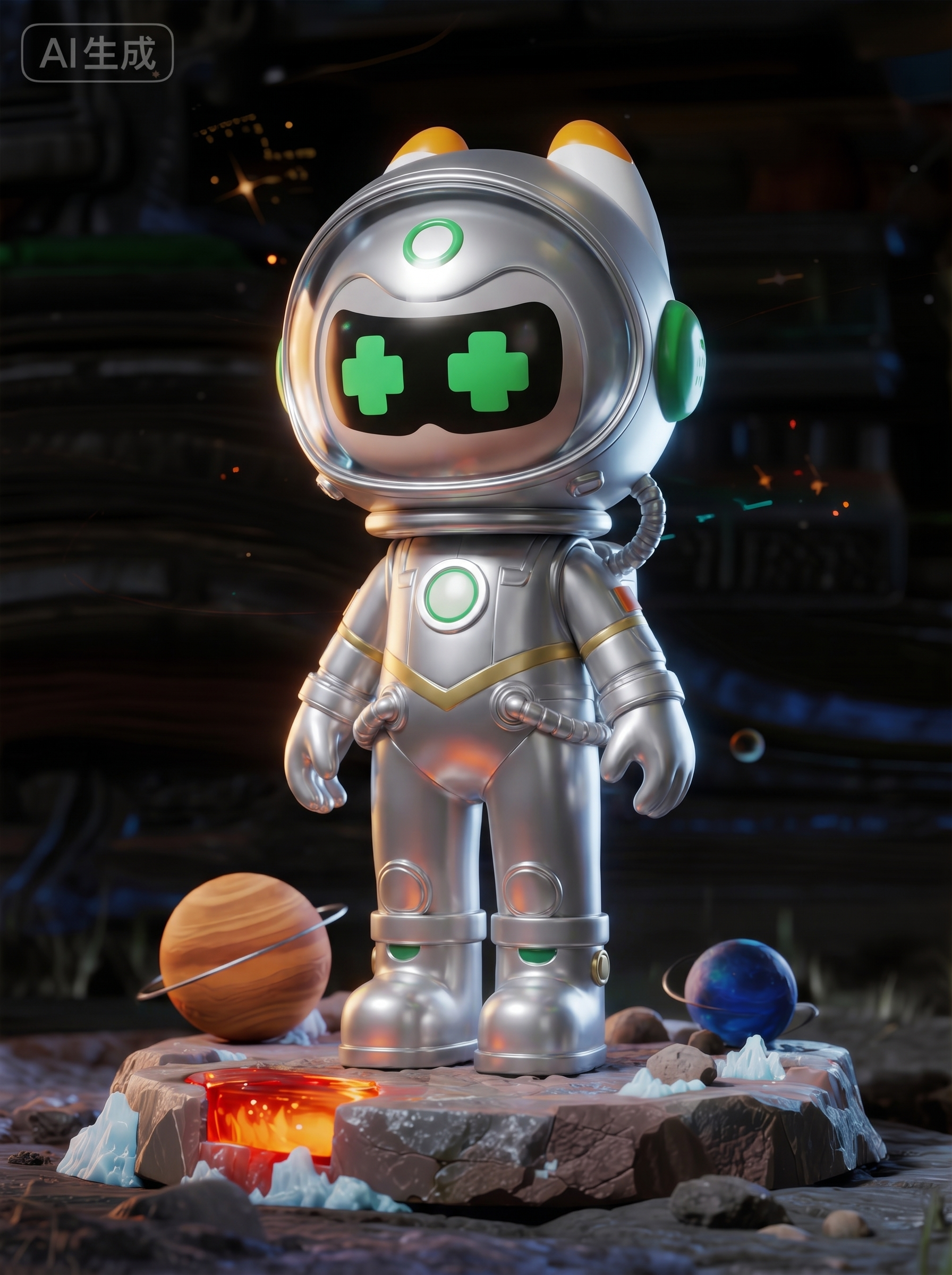 重新生成：将图一中的银色带绿色装饰的多视角宇航员IP形象（绿色… - 图片创意预览