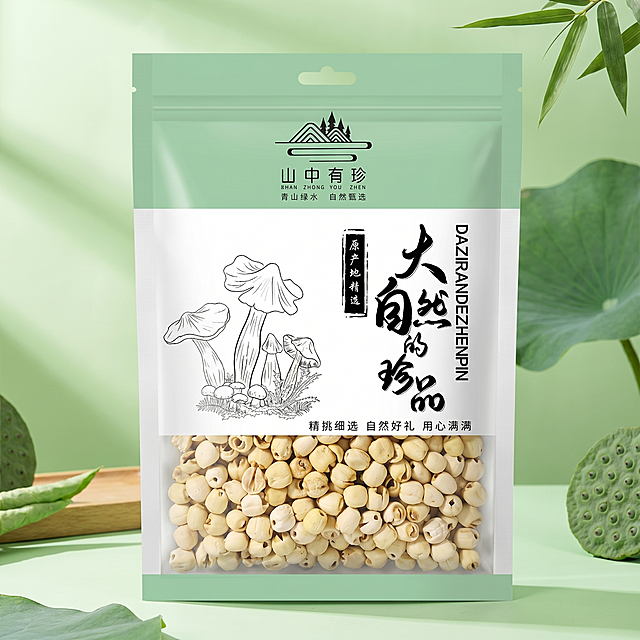 莲子干货电商主图，商品包装清晰展示，文字清晰，清新自然绿色背景，符合年轻人审美，干净简约，高转化率设计