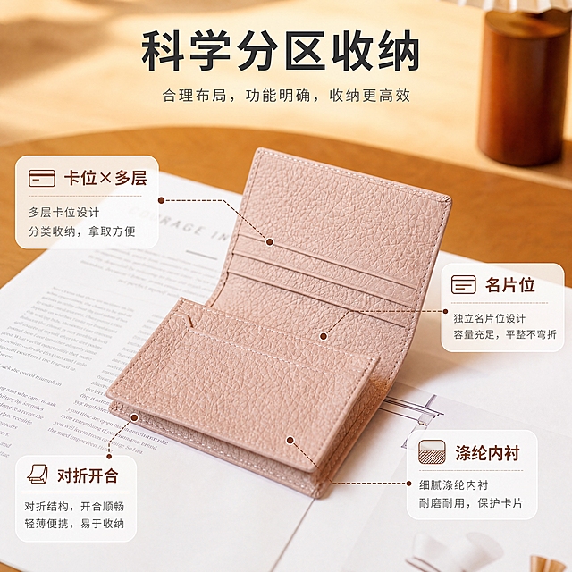 [商品] 使用【图4】浅粉色荔枝纹牛皮名片卡包（打开状态）；保留对折开合结构、内部卡位分层、名片位、荔枝纹皮质、浅粉色、缝线细节；自然理顺皮面，增强内部卡位结构清晰度与缝线精致度，不改变版型和结构。
[画面] 目标：第3张结构解析·内部卡位与名片位展示。构图：居中打开的卡包为主体，四周引线标注各功能区，主体占画面60%。景别：中景特写。前中后景：前景米白杂志书页承托，中景打开的卡包展示内部结构，后景虚化木质桌面与台灯边缘。阅读动线：从中心产品向四周引线阅读。
[视觉] 套系策略：风格=1688轻商务高级感商业摄影；标题字=现代无衬线粗体（思源黑体Heavy）；正文字=简洁无衬线体（思源黑体Regular）；主色=暖棕驼色；背景延展=基于暖棕驼色做深浅层级、同色渐变和细腻木纹/纸张质感；强调色=深焦糖色，仅用于小面积图标、引线和标签；标题色=深炭灰；正文色=中暖灰；组件=圆角浅底信息卡、细线引线、小标签；光影=左前侧暖柔光，柔和自然阴影。
[文字] 上方主标题「科学分区收纳」（6字），引线标注4处：卡位×多层、名片位、对折开合、涤纶内衬。文字横排，标签简洁，引线不交叉遮挡。
[规格] 图片比例1:1方版，分辨率4K，quality=medium。避免变形、错字、文字过小、冷蓝/蓝灰背景、卡包颜色改变、结构失真、极限词。
