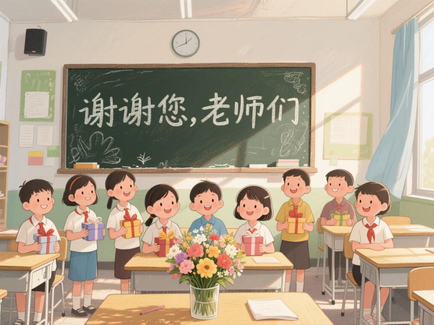 温馨感人的教师节海报，阳光下的教室为背景，黑板上写着“谢谢您，老师们”，课桌上摆放一束鲜花，前排学生们手捧礼物，面带微笑，整个画面充满温馨和感激之情，插画风格预览效果