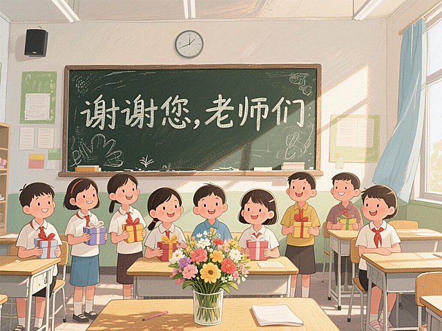 插画风教室，孩子们手捧礼物，温馨感谢老师，清新可爱，节日氛围浓厚。