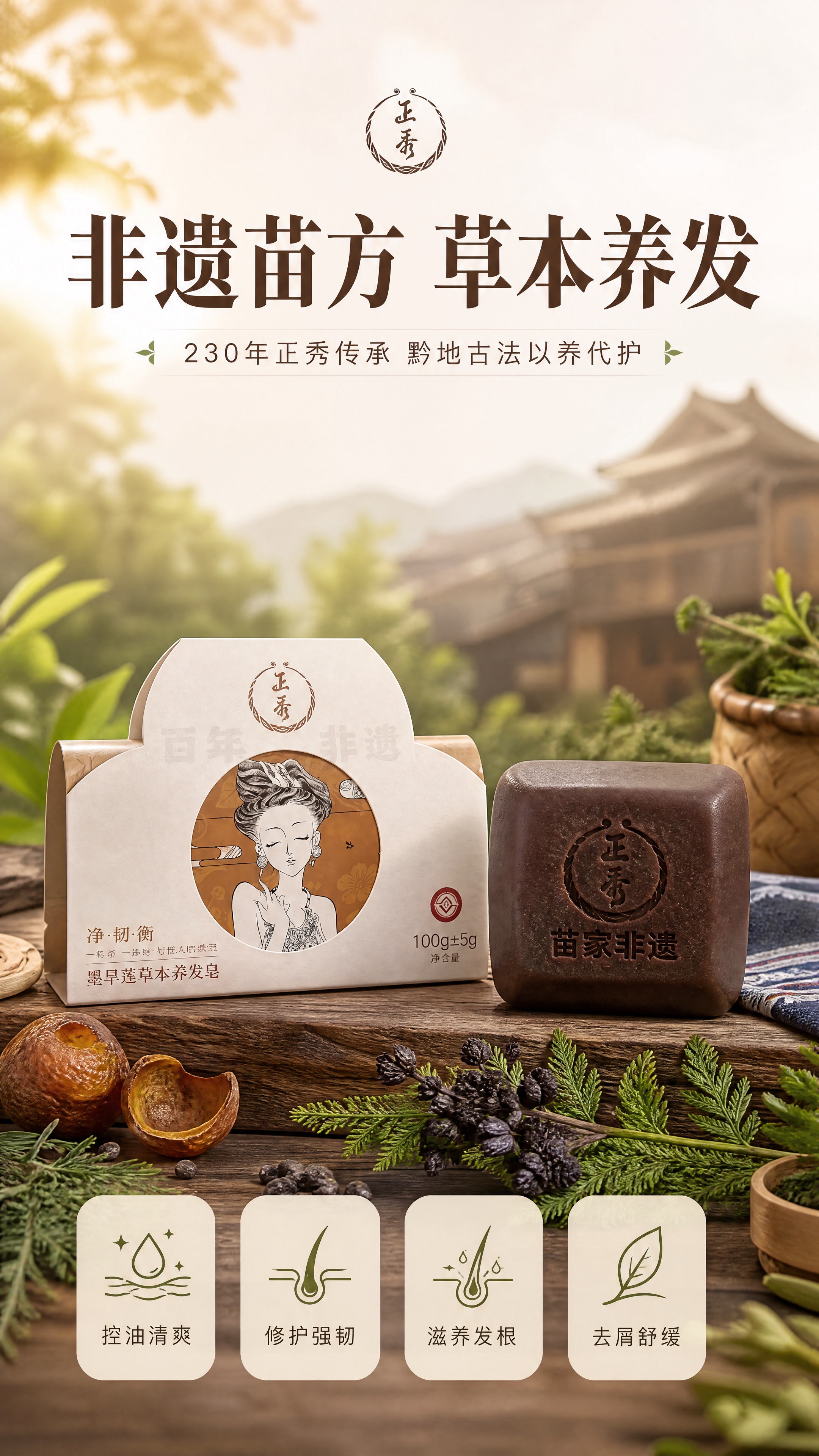[商品] 使用【图4】正秀墨旱莲草本养发皂及外包装盒；保留深棕… - 图片创意预览