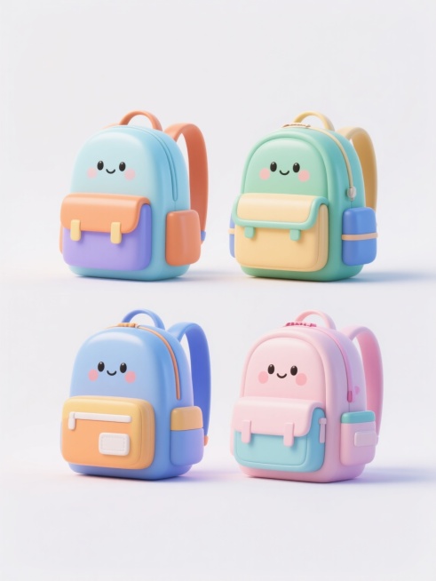 4个不同配色、不同样式的卡通风格书包，保持3D渲染的光滑塑料质感，柔和的光影效果，简洁的造型设计，排列整齐地置于纯白色背景上，每个书包具有独特的色彩搭配和细节设计，整体画面干净清爽，视觉层次分明，突出书包的可爱与实用性。预览效果