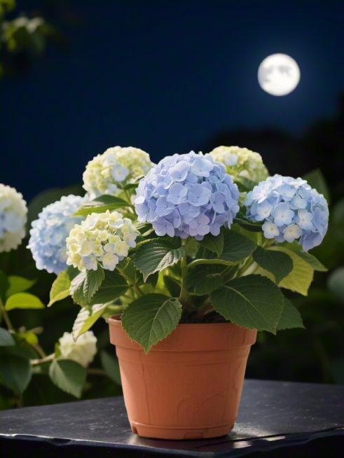 产品在一块乌木上，瓶身边放着很多绣球花，背景夜间，远处有月亮，整体氛围夏日凉爽预览效果