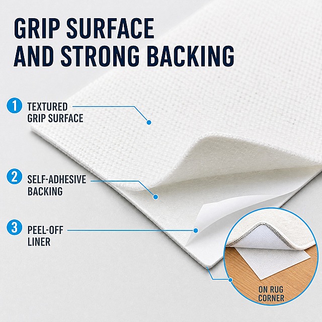 [主图-4] 商品名称：10 Pcs Rug Corner Grippers Anti-Slip Rug Pads Reusable Washable Rug Tape for Hardwood Floors and Tile Floors。唯一任务：材质与结构细节——看清纹理贴合面、背面自粘胶与可撕离型纸。
[统一基调] 整套统一视觉：明亮清爽的家居功能型 listing 信息图；背景主色为纯白与浅灰（#F5F7FA）渐变，环境色为暖木色地板与奶油色地毯；标题字色深海军蓝 #1B2A41，辅助字色中灰 #5A6B7C，强调色清亮天蓝 #2D9CDB；全图只用一种无衬线几何粗体标题外观，副文案为同级细体；组件统一为白色圆角卡片、细浅灰描边、淡蓝圆形数字标、细线引线与圆形局部放大窗；光影为明亮自然柔光窗侧光与柔和接触阴影。
[画面] 满版对角线微距构图：一张白色方形角抓垫斜置于浅灰哑光台面，低角度微距侧视机位，清晰呈现薄片厚度、边缘裁切与表面细密点状纹理；垫片右下角离型纸被掀起一角，露出背面自粘胶层，手撕关系简单真实。三条细引线分别指向表面纹理、自粘胶层与离型纸，各配一个淡蓝小圆点。画面右下方另设一个圆形小窗，用细引线连接，显示该垫片已贴在地毯角下方、地毯平整贴地的完成状态。产品外观、结构、材质、颜色与输入图完全一致，不做爆炸图与虚构层数。
[光影质感] 微距柔光，纹理颗粒清晰可数，垫片边缘有细窄高光，接触阴影自然，无塑料感假反光。
[配色] 沿用统一基调；浅灰台面为环境色，天蓝仅用于引线、圆点与小窗描边。
[文字版式] 画面左上大标题英文 "GRIP SURFACE AND STRONG BACKING"；三条引线标签依次为大写英文 "TEXTURED GRIP SURFACE" "SELF-ADHESIVE BACKING" "PEEL-OFF LINER";圆形小窗内小号标注英文 "ON RUG CORNER"；同一字体外观、词组换行、无逗号，文字不遮挡主体纹理。
[输出要求] 1:1 正方形 2048x2048，细节锐利、文字清晰、无错字；负向：变形、模糊、错字、杂乱、水印、平台 Logo、多余手指、畸形手、中文文字。
