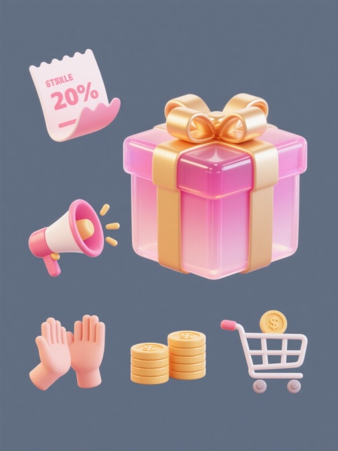 一套6张系列素材集合，每张素材均为规整排布的单一元素造型图案，元素包含礼盒、优惠券、喇叭、鼓掌手势、一堆金币、购物车。整体造型简约现代，采用纯色背景。礼盒为正方体，主体为粉色渐变，顶部系有金色蝴蝶结，表面光滑有光泽，边缘有轻微的高光和阴影，呈现出半透明的果冻质感。预览效果