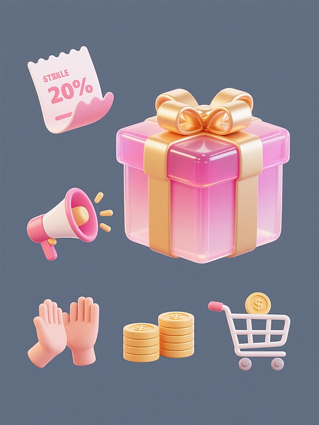 一套6张系列素材集合，每张素材均为规整排布的单一元素造型图案，元素包含礼盒、优惠券、喇叭、鼓掌手势、一堆金币、购物车。整体造型简约现代，采用纯色背景。礼盒为正方体，主体为粉色渐变，顶部系有金色蝴蝶结，表面光滑有光泽，边缘有轻微的高光和阴影，呈现出半透明的果冻质感。