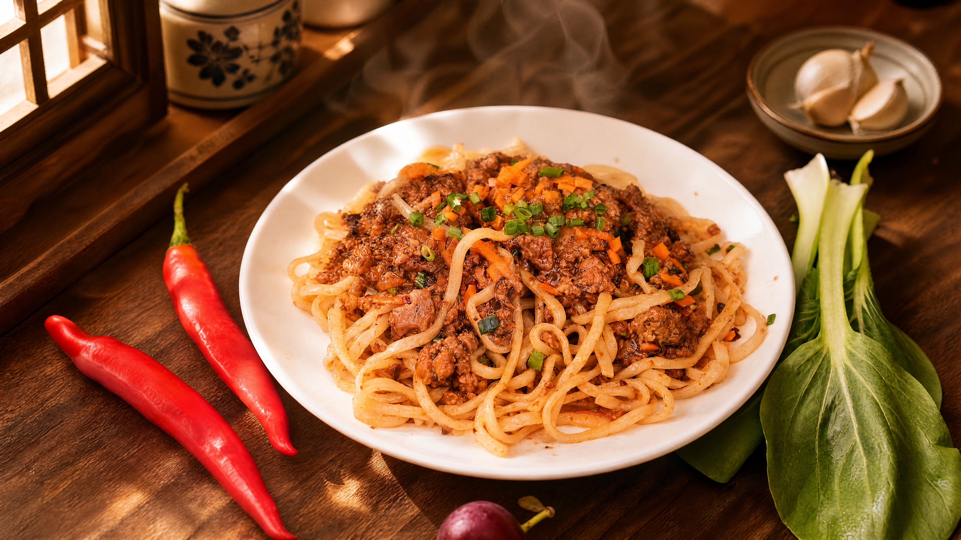 肉酱拌面严格参照上传产品图，完整保留白盘、面条、肉酱、胡萝卜丁… - 图片创意预览