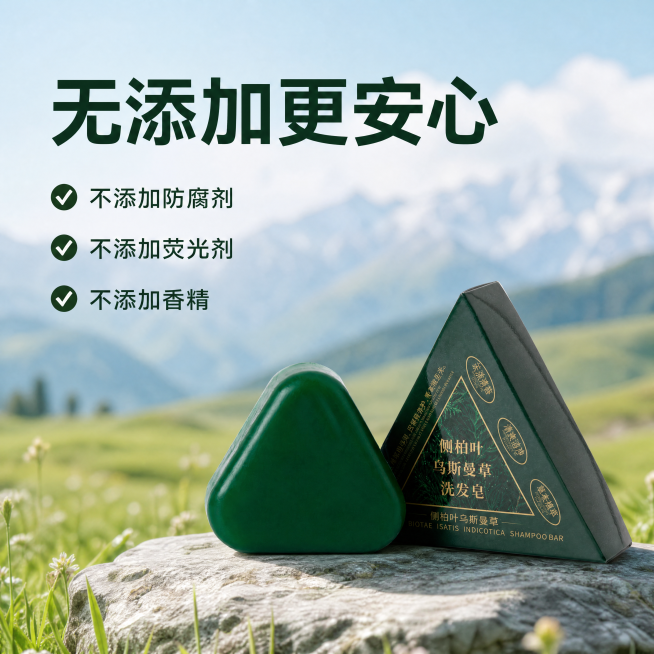 [主图-3] 新疆乌斯曼洗发皂品质安全承诺图。
[氛围风格] 新疆西域风，纯净安心质感
[画质] 商业摄影质感、光线柔和通透、产品清晰真实、画面干净高级。
[元素] 保持洗发皂原有外观颜色材质与原图一预览效果