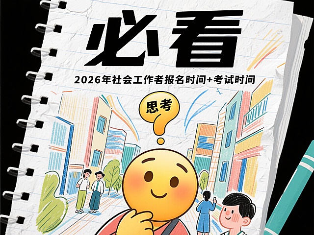 一张手绘卡通风格的宣传海报，背景是活页纸纹理，整体风格动感活力。顶部有大字标题“必看”，字体醒目突出；标题下方是一行文字“2026年社会工作者报名时间+考试时间”；文字下方有一个大大的“思考”emoji表情，表情生动形象。画面色彩明快，线条流畅，充满手绘的随意感和活力气息。